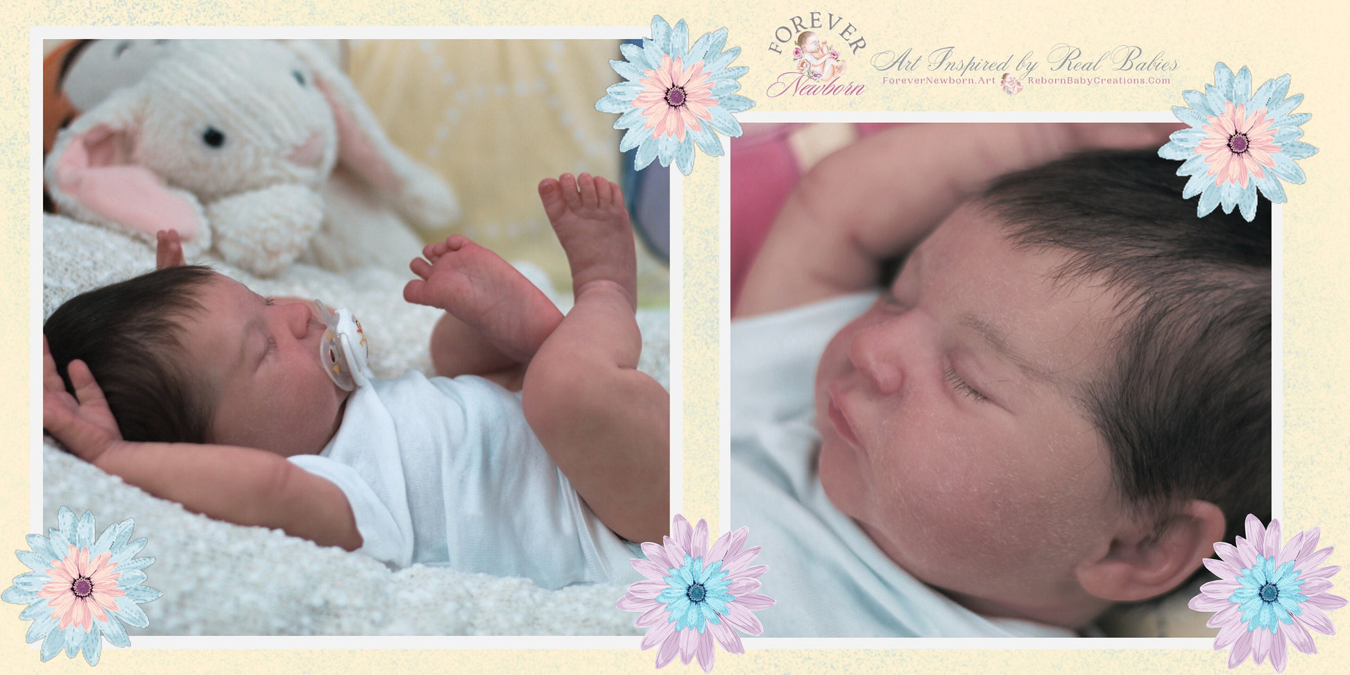 a collage of two photos of a baby and a stuffed animal