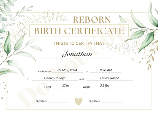 Printed & Delivered Reborn Baby Birth Certificate Professionally Customized For Your Doll and Family
