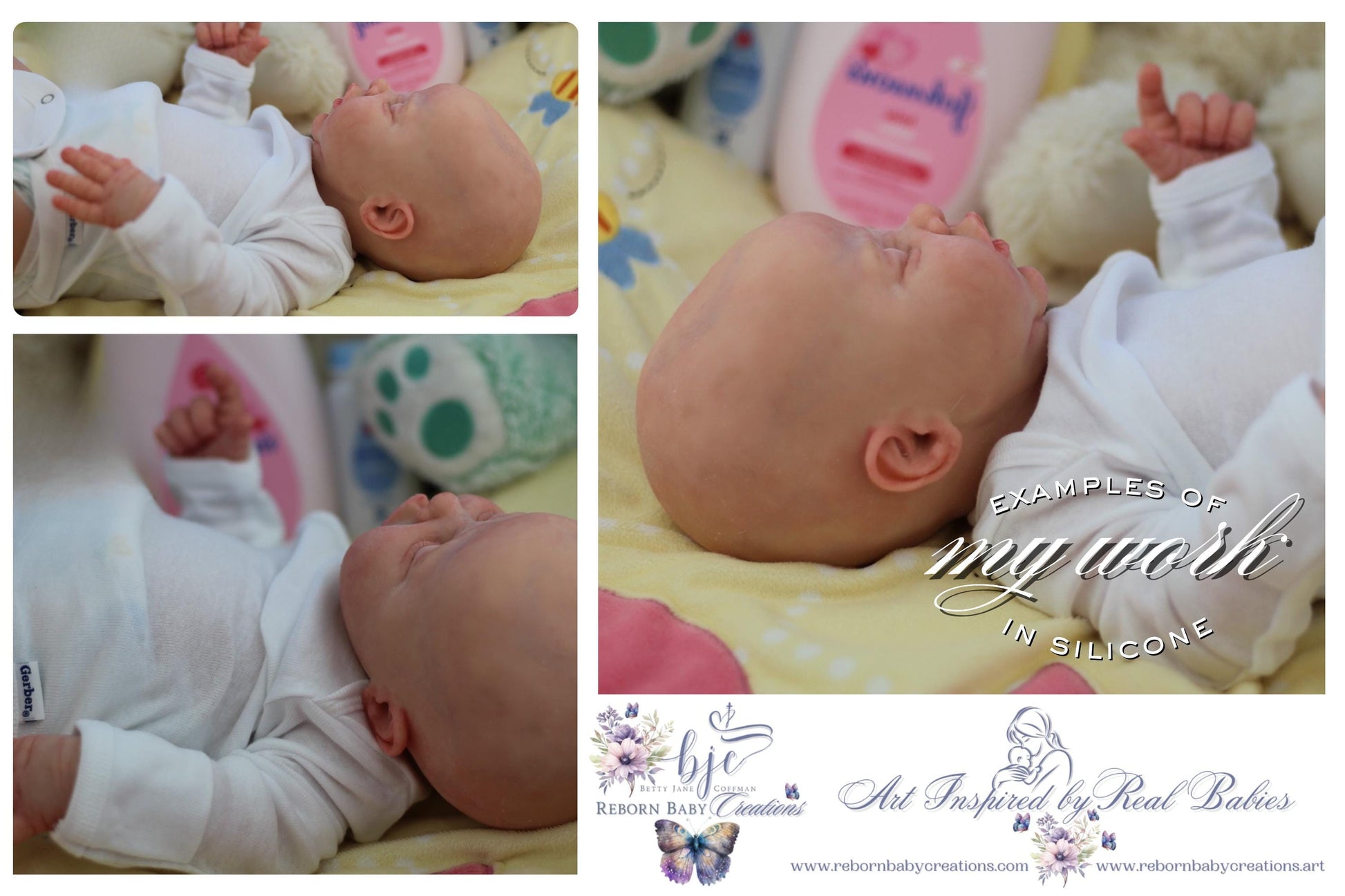 a collage of photos of a baby laying on a bed