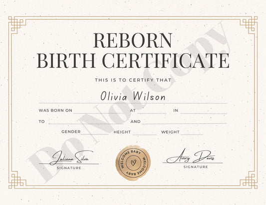 Printed & Delivered Reborn Baby Birth Certificate Professionally Customized For Your Doll and Family