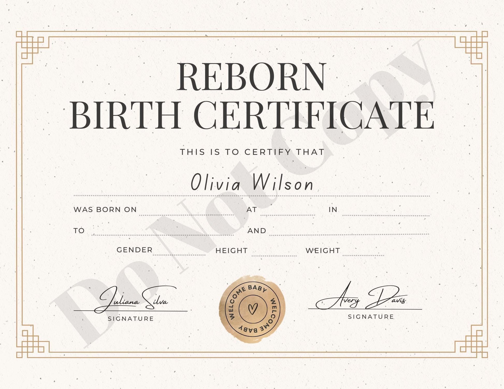 Printed & Delivered Reborn Baby Birth Certificate Professionally Customized For Your Doll and Family