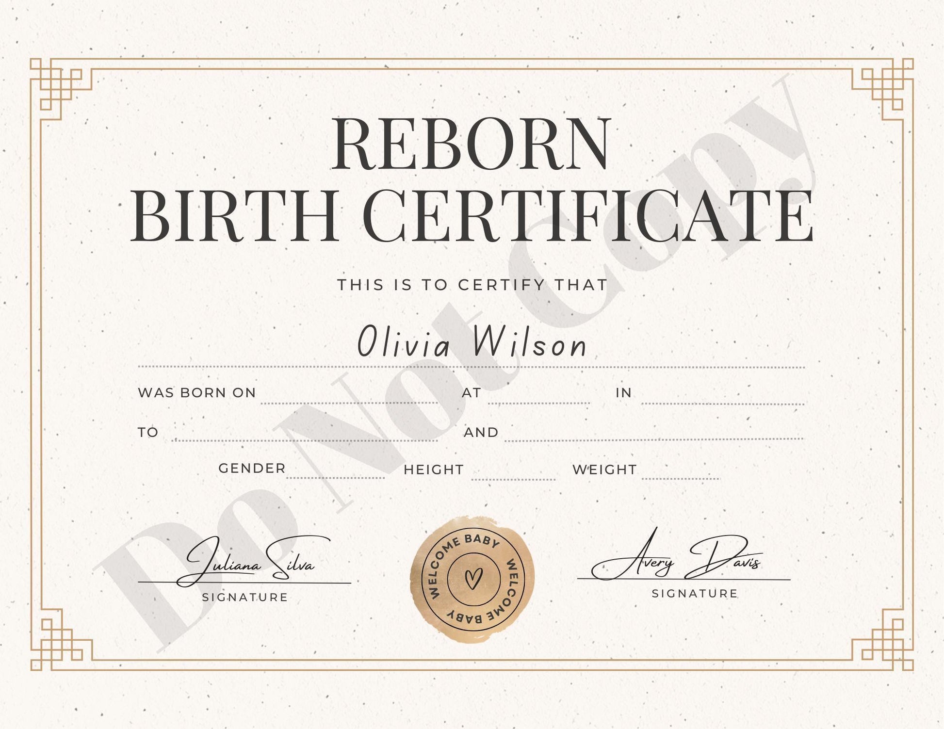Printed & Delivered Reborn Baby Birth Certificate Professionally Customized For Your Doll and Family