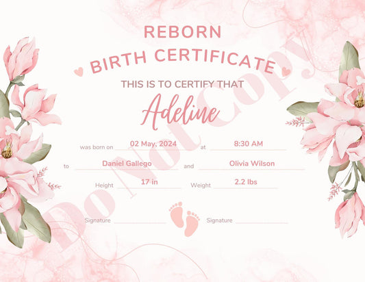 Printed & Delivered Reborn Baby Birth Certificate Professionally Customized For Your Doll and Family