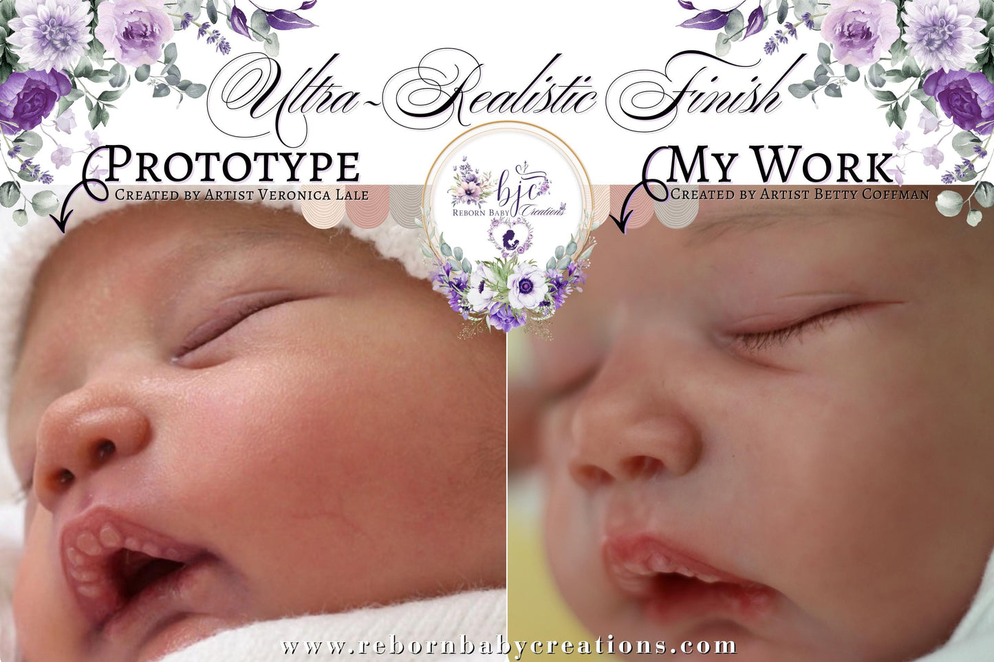 The image is a collage of two close-up photographs of sleeping babies, with text above and below the images.