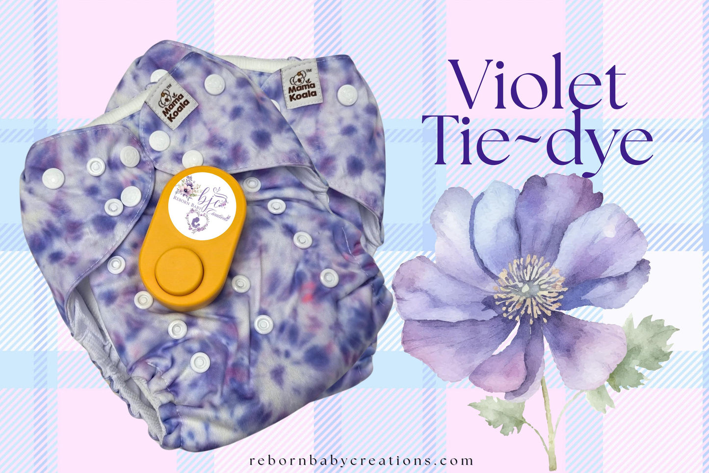 The image is a collage featuring a purple tie-dye cloth, a yellow object, and a purple flower. The text "Violet Tie-dye" is displayed prominently in the image.