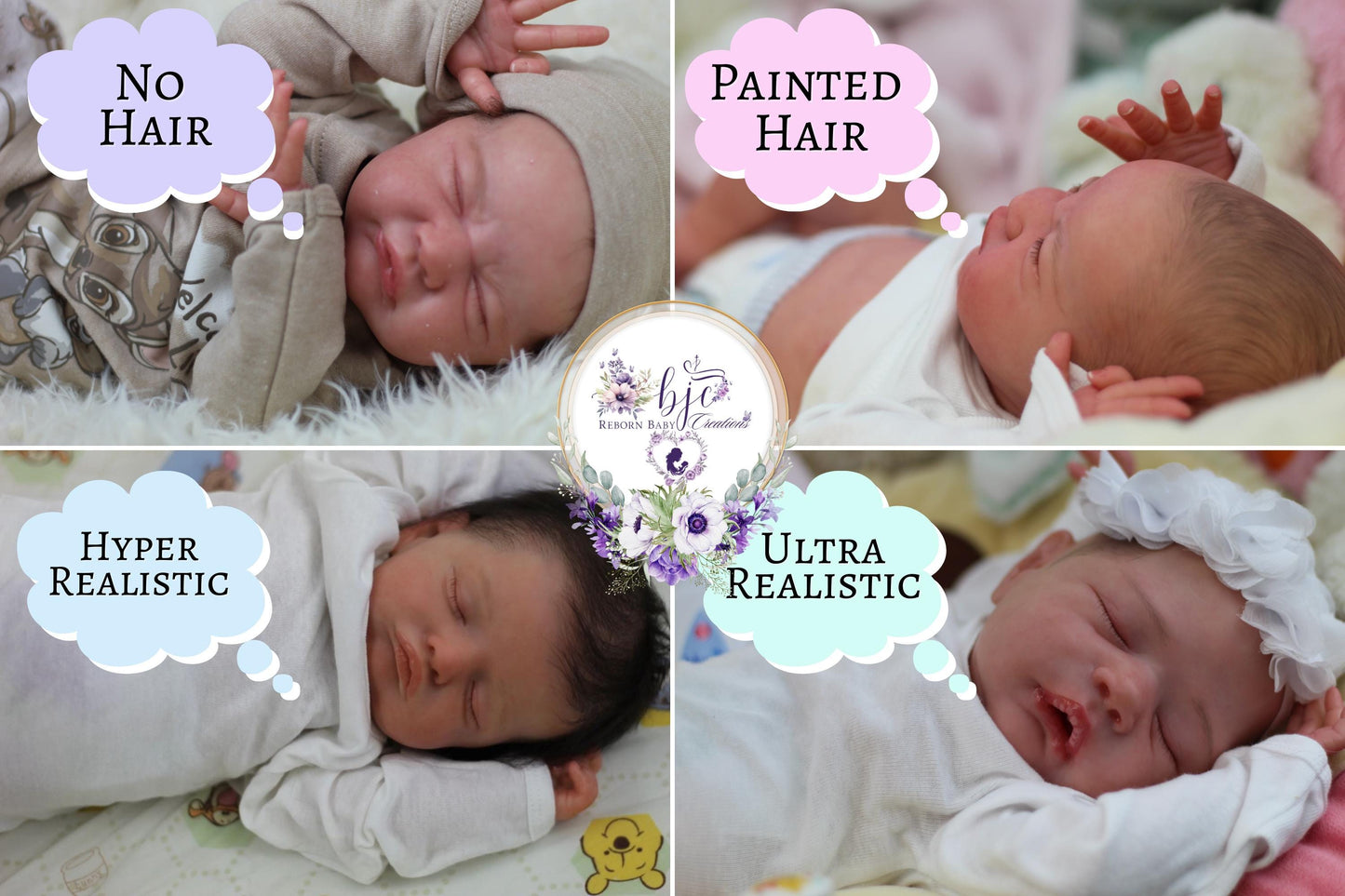 The image is a collage of four photographs depicting newborn babies, each with a thought bubble indicating the type of realistic feature: "No Hair", "Painted Hair", "Hyper Realistic", and "Ultra Realistic".