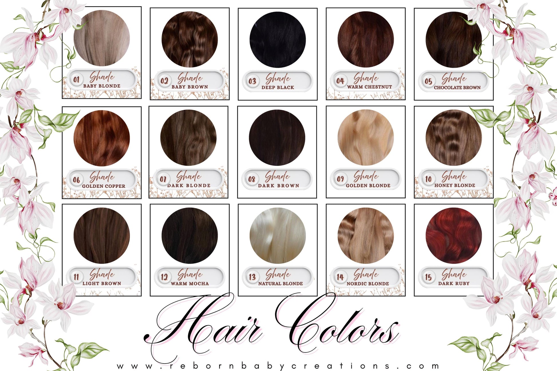 The image is a collage of 12 different hair color samples, each with a label indicating the color and the corresponding hair type. The colors include blonde, brunette, black, and red. The labels are organized in a grid format, with each row representing a different color and each column representing a different hair type. The image does not contain any text that can be described in fewer than 500 characters.