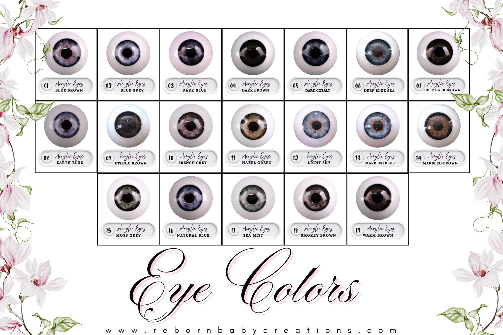 The image is a collage of 16 different colored artificial eyes, each with varying shades and colors. The eyes are arranged in a grid format, with four rows and four columns. The image does not contain any text, and the focus is on the eye colors and their arrangement.