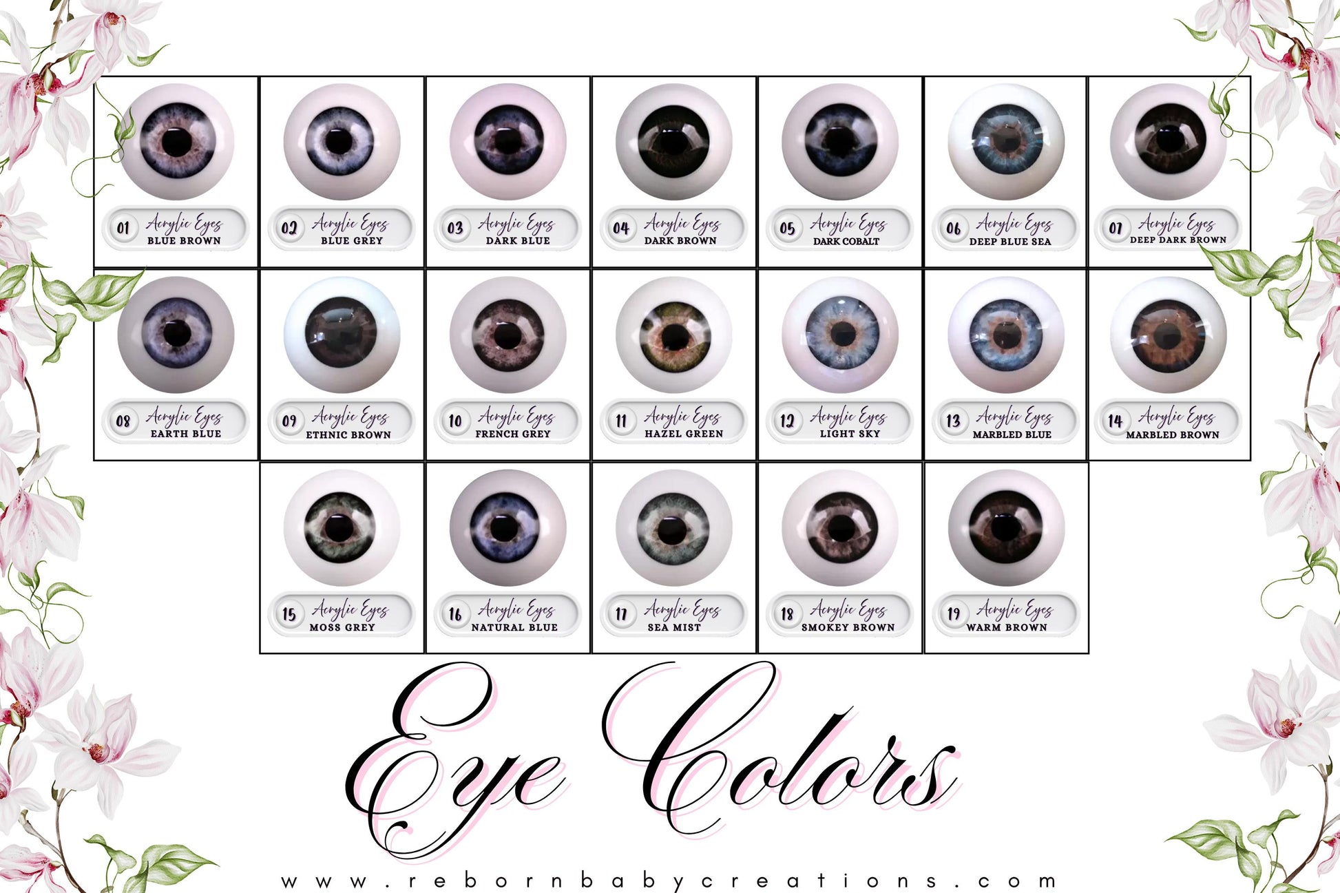 The image is a collage of 16 different colored artificial eyes, each with varying shades and colors. The eyes are arranged in a grid format, with four rows and four columns. The image does not contain any text, and the focus is on the eye colors and their arrangement.