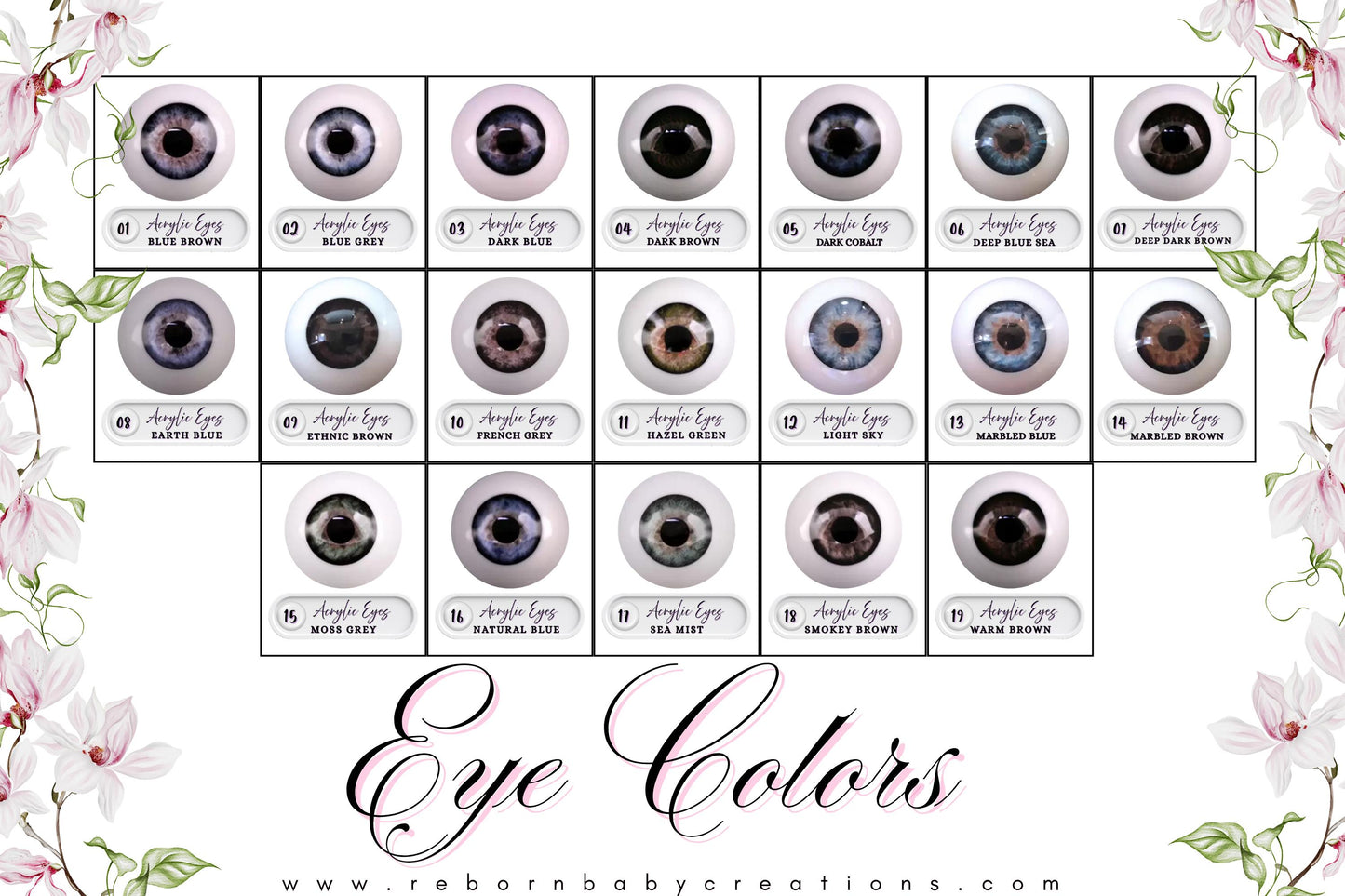 The image is a collage of 16 different colored artificial eyes, each with varying shades and colors. The eyes are arranged in a grid format, with four rows and four columns. The image does not contain any text, and the focus is on the eye colors and their arrangement.