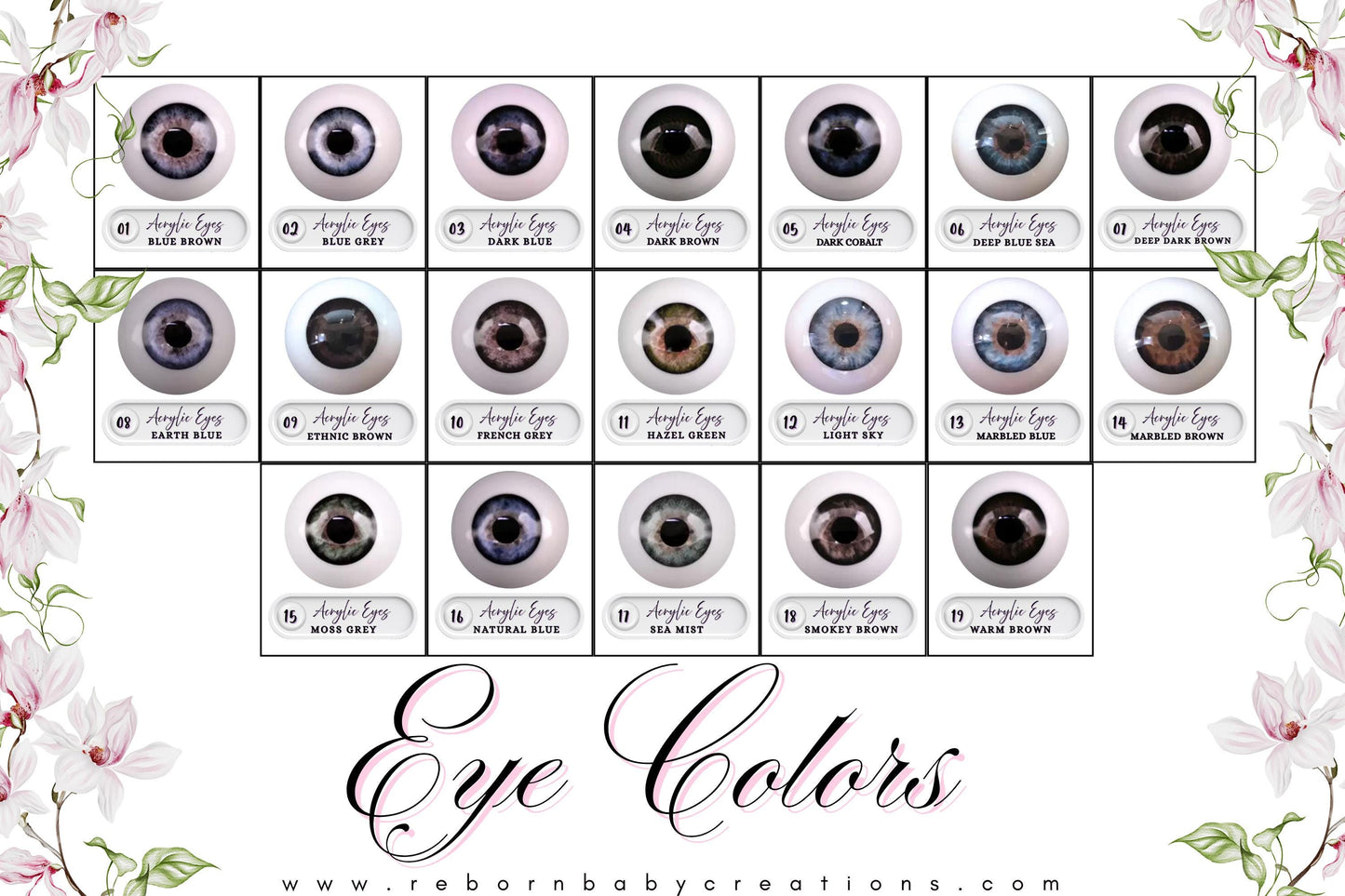 The image is a collage of 16 different colored artificial eyes, each with varying shades and colors. The eyes are arranged in a grid format, with four rows and four columns. The image does not contain any text, and the focus is on the eye colors and their arrangement.