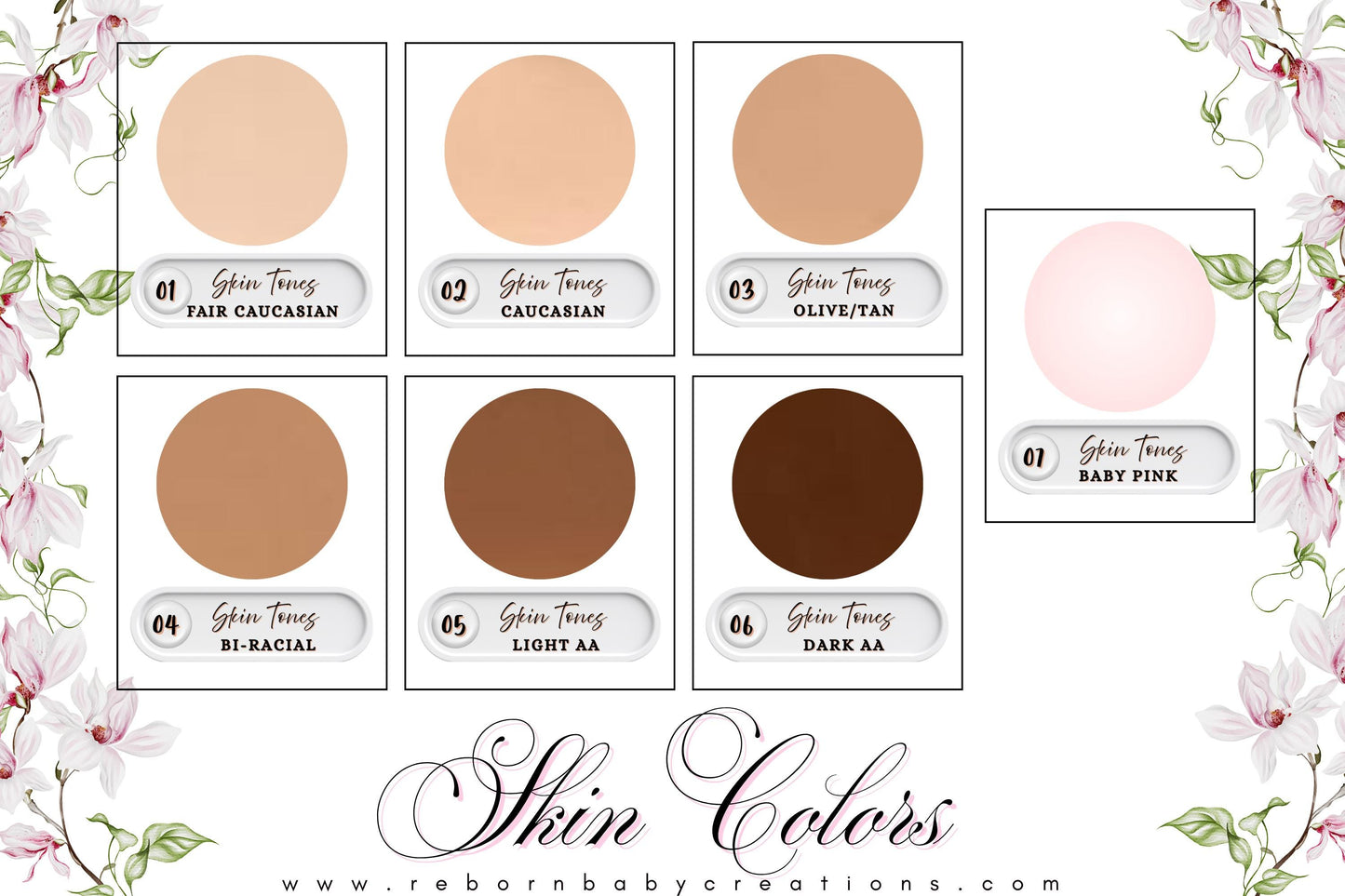 The image is a collection of six images showing different shades of skin tones, each labeled with a different skin tone color.