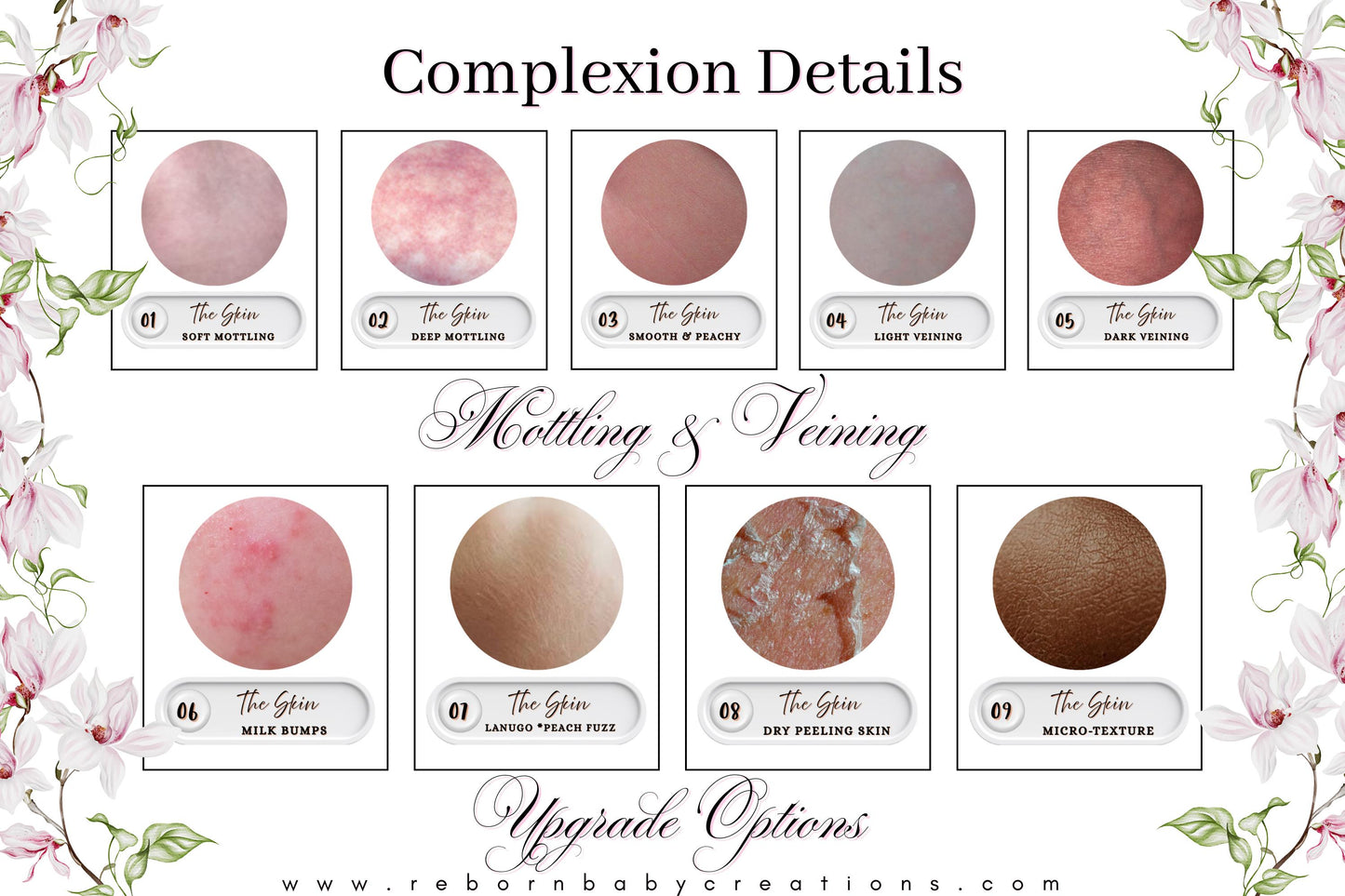 The image is a collage of nine images depicting different skin textures, including the skin of a baby, a baby's face, and various skin types. The images are labeled with numbers and descriptions, such as "The Skin" and "The Skin of a baby". The collage is titled "Complexion Details" and includes a section titled "Mottling & Veining" and "Upgrade Options".