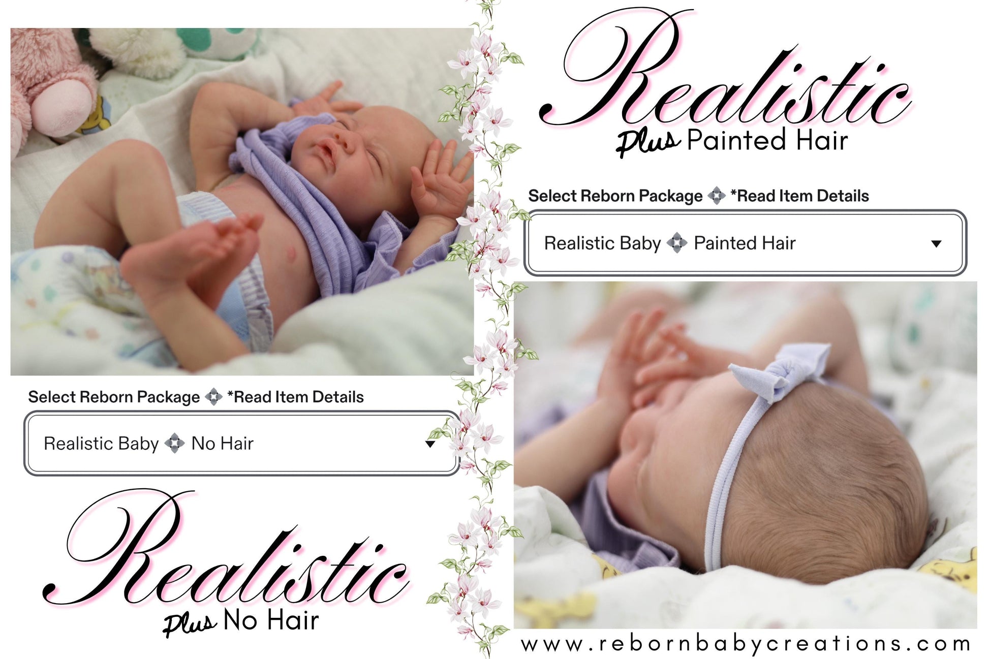 The image is a promotional advertisement for a Realistic Plus Painted Hair service. It features two photographs of a baby, one with no hair and the other with painted hair. The text on the advertisement highlights the service's offerings, such as the ability to read item details and the option to select a Reborn Package without hair. The website provided is www.rebornbabycreations.com.