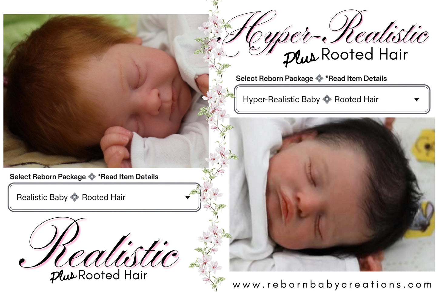 The image is a promotional advertisement for a product called "Hyperspace Plus Rooted Hair". It features two images of newborn babies, one with brown hair and the other with black hair, both sleeping peacefully. The text on the image provides details about the product, including the option to select a Rebirth Package and read item details. The website "www.rebornbabycreations.com" is also mentioned.