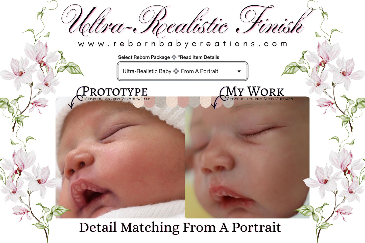 The image is a collage of two close-up photographs of a sleeping newborn baby, with a floral border surrounding the images.